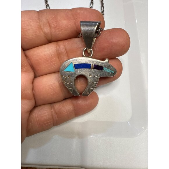 Vintage Native American Sterling Silver Bear Fetish Pendant Necklace Inlay Turqu - Picture 3 of 10
